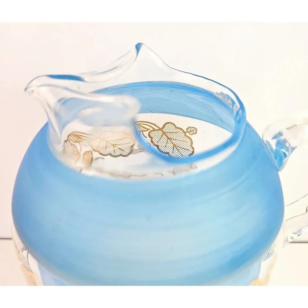 Vintage Mid Century Pastel Gold Leaf Frosted Blue Clear Glass Juice Pitcher 6 in